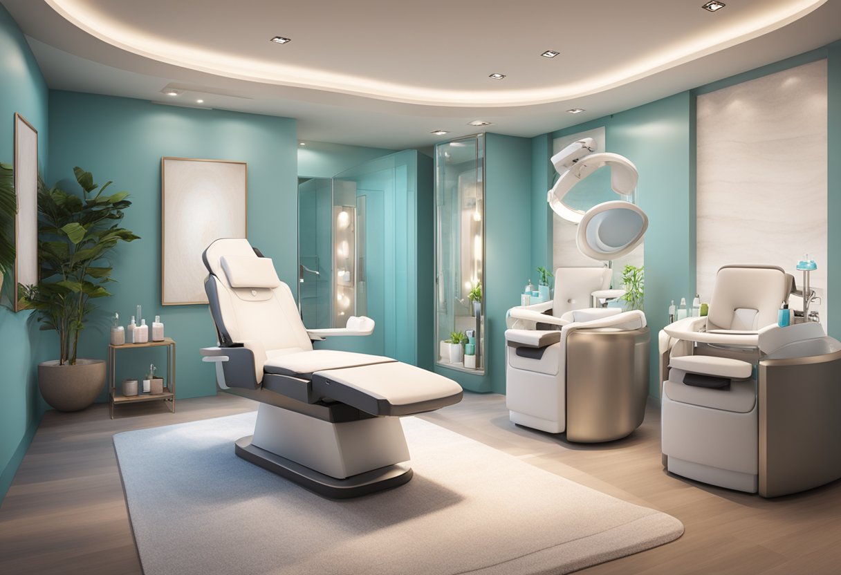 A serene spa room with a reclining treatment chair, soft lighting, and a HydraFacial machine alongside other skincare equipment