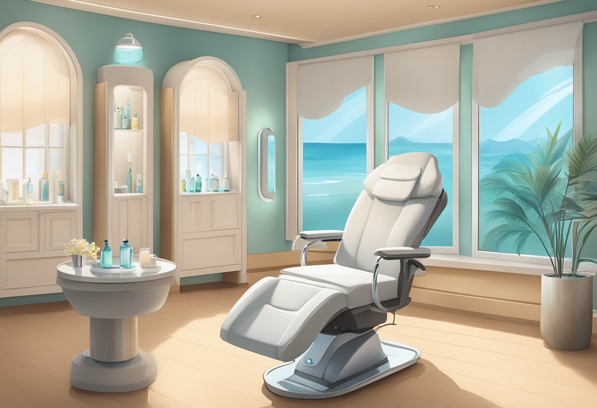 A serene spa room with a comfortable treatment chair, soft lighting, and a HydraFacial machine. Sun-damaged skin is visibly improved after the treatment