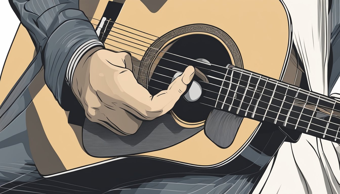 An acoustic guitar being strummed with fingers on a chord