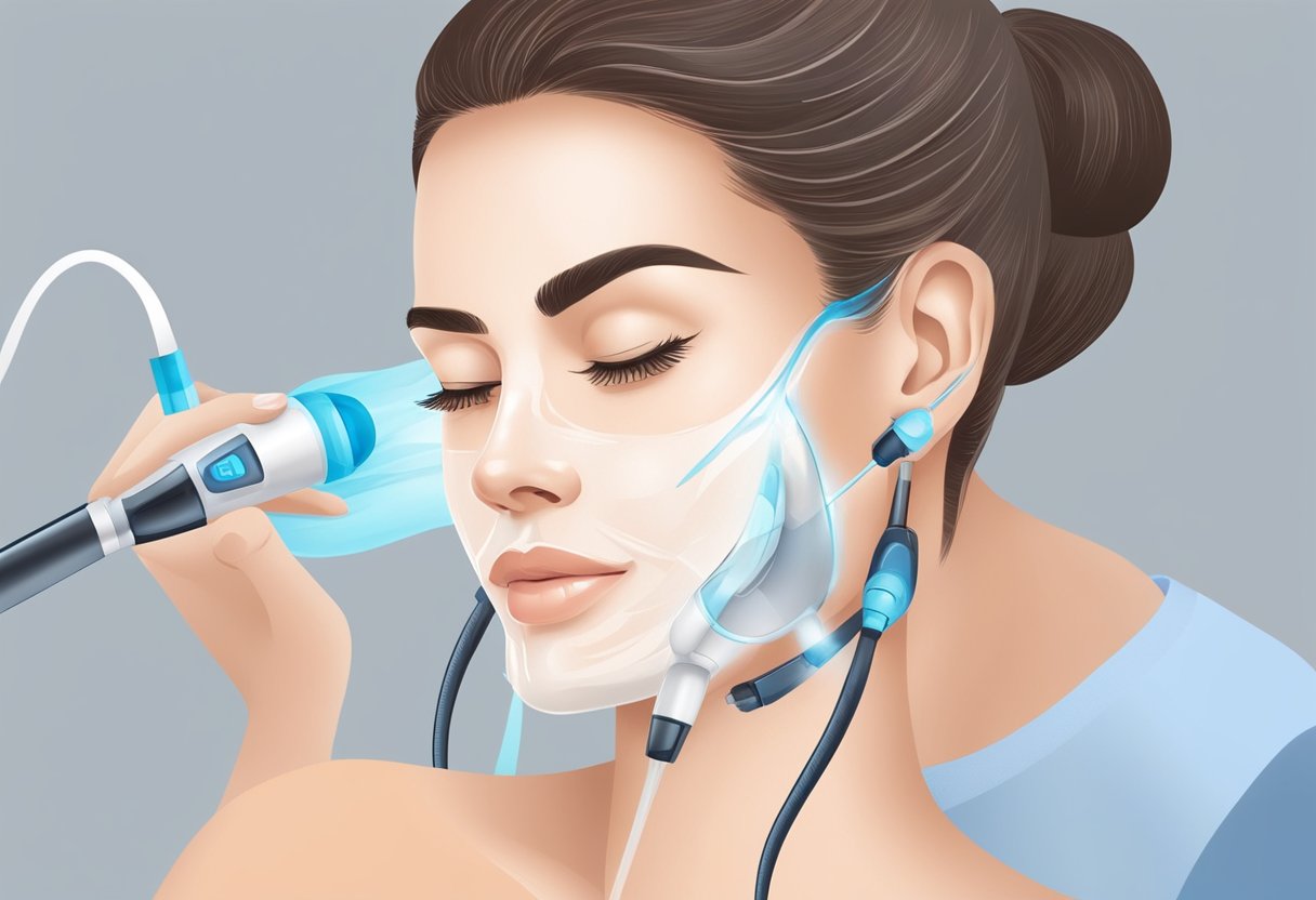 A dermatologist using a HydraFacial machine on a client's face, targeting large pores with a gentle suction and solution infusion