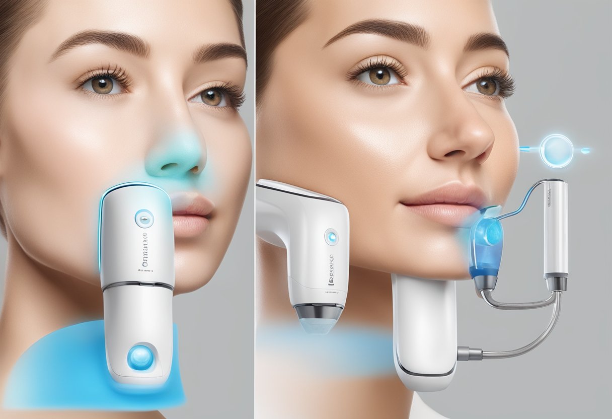 A close-up of a HydraFacial machine targeting large pores on a skin-like surface, with before and after images displayed nearby