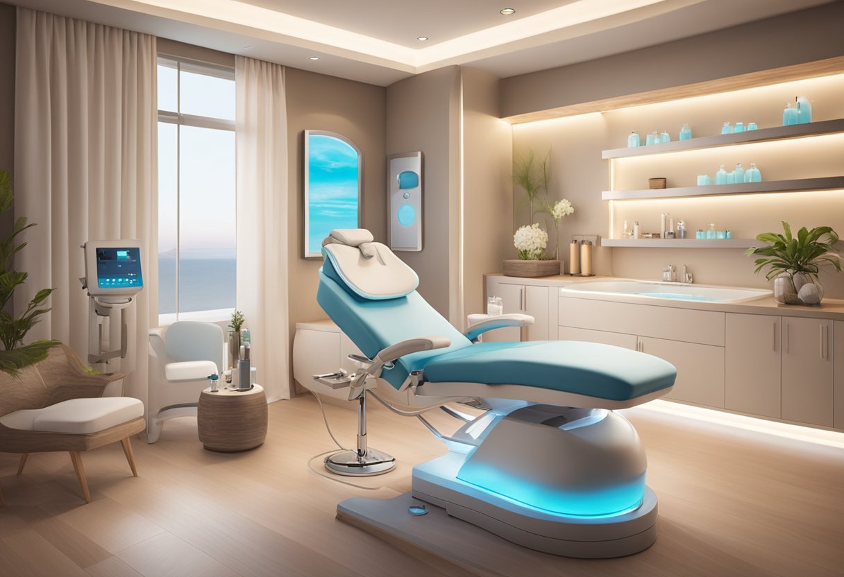 A serene spa room with a reclining treatment chair, soft lighting, and a HydraFacial machine targeting large pores on a client's skin