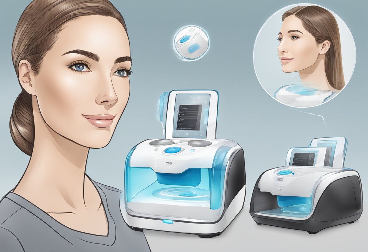 A close-up of a HydraFacial machine working on a surface with enlarged pores, with before and after images displayed nearby