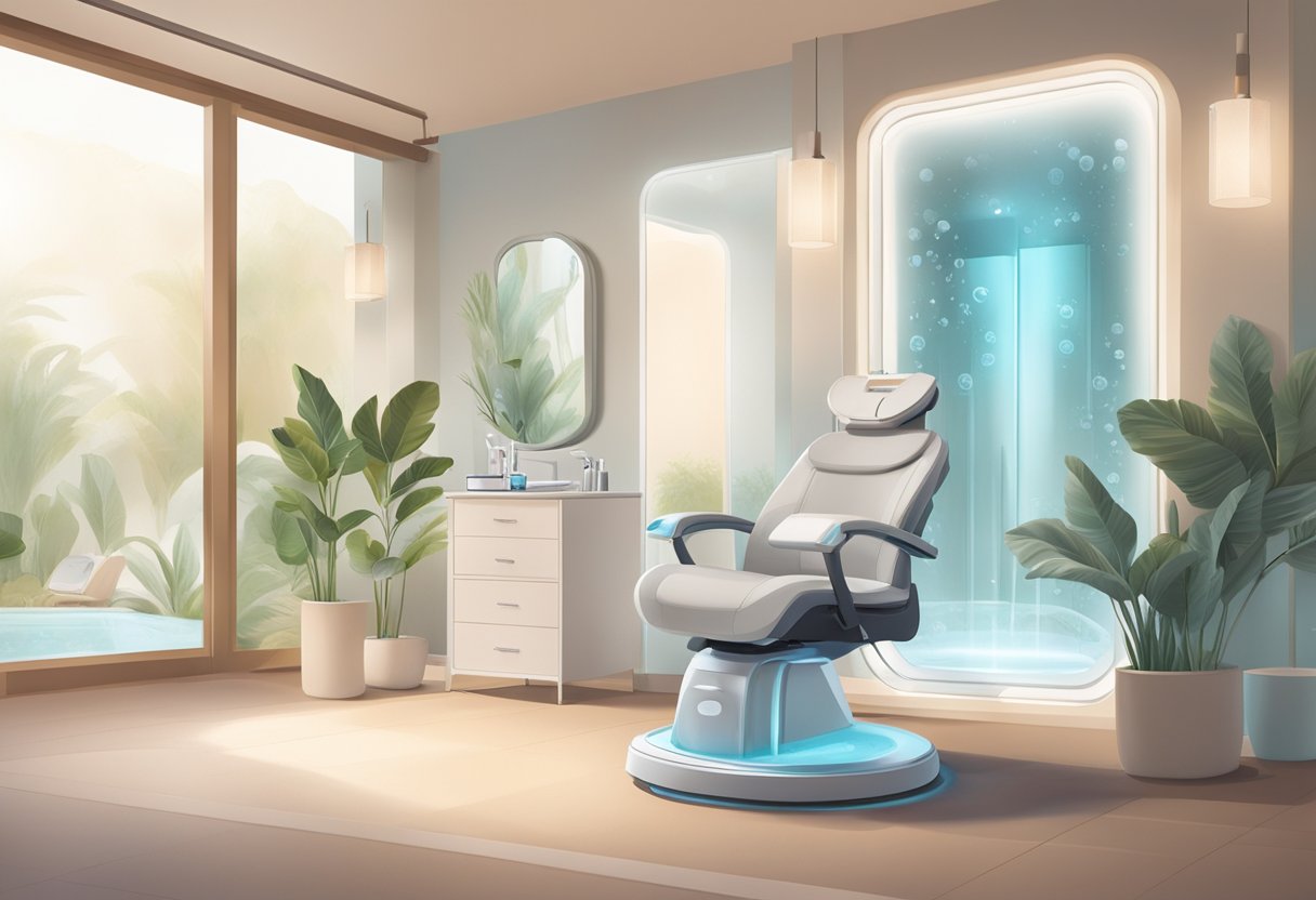 A serene spa room with soft lighting and a comfortable treatment chair. A skincare specialist performs a HydraFacial, using a machine to cleanse, exfoliate, and hydrate the skin