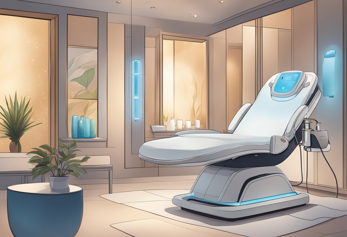 A serene spa room with a reclining chair, soft lighting, and a HydraFacial machine. A technician performs the multi-step treatment, revealing radiant skin