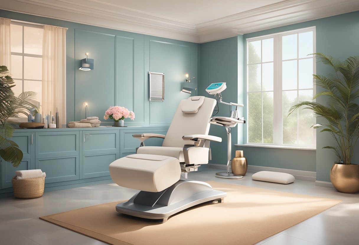 A serene spa room with a reclining chair, soft lighting, and a HydraFacial machine. Aesthetic tools and products are neatly arranged on a nearby table