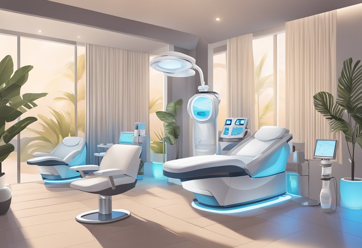 A serene spa room with a HydraFacial machine, soft lighting, and a comfortable treatment chair. A skincare specialist prepares the equipment for a client's treatment