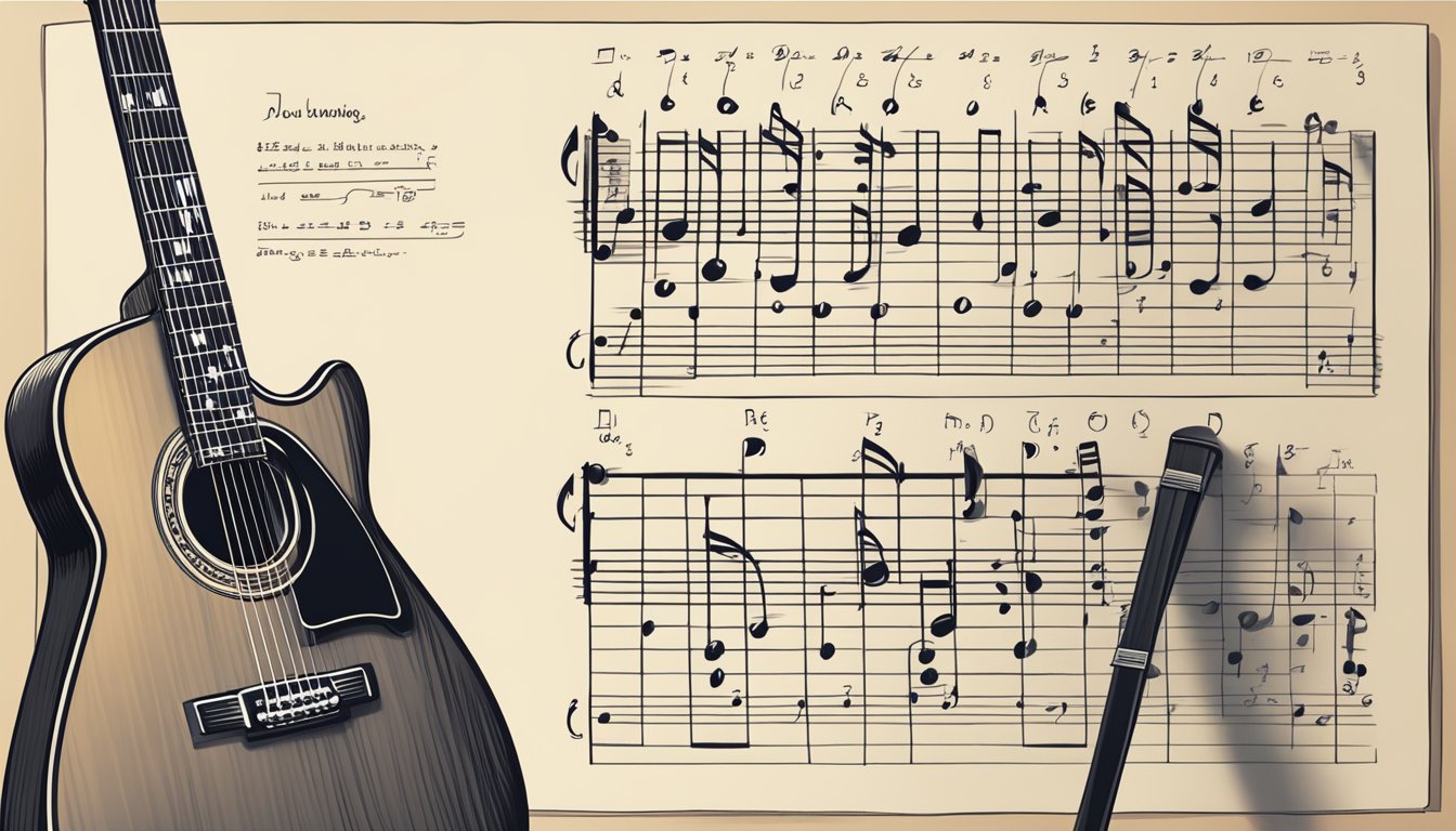 A guitar chord chart displayed on a music stand, with a guitar resting against it.</p><p>A hand-written note with chord names is taped to the stand