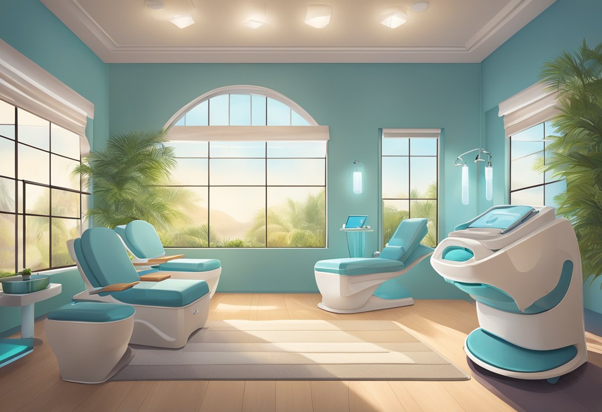 A serene spa room with a reclining chair, soft lighting, and a HydraFacial machine. A calm, soothing atmosphere with a focus on relaxation and skincare