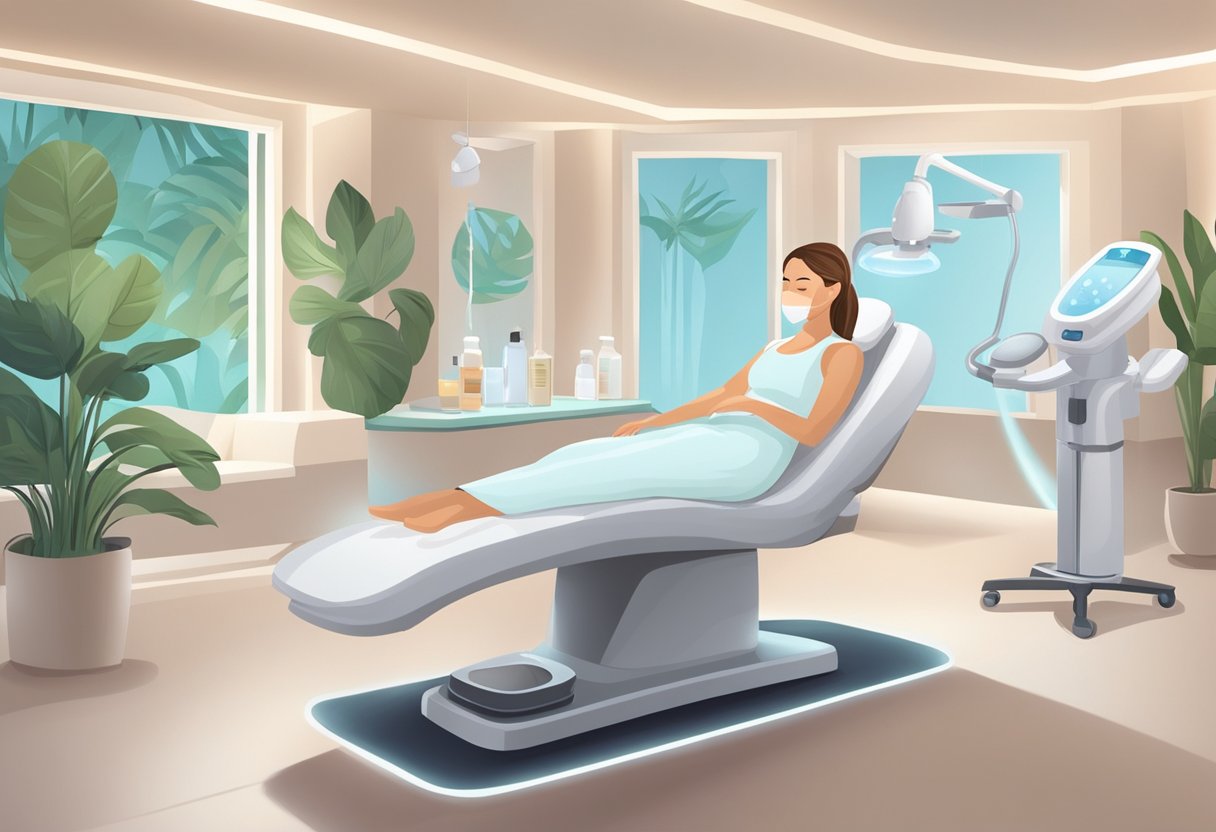 A serene spa room with soft lighting and a comfortable treatment chair. A clinician is performing a HydraFacial on a client with redness and rosacea, using gentle and soothing techniques