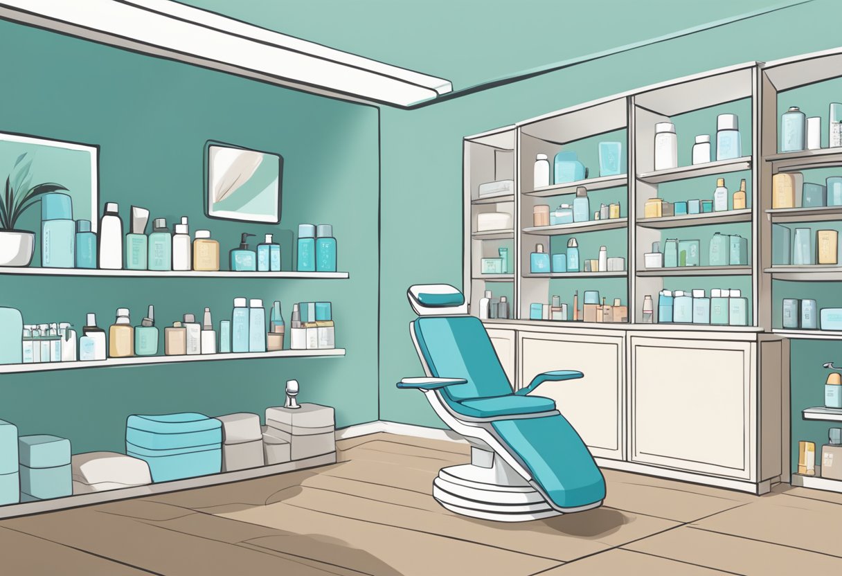 A serene spa room with a reclining chair, soft lighting, and a HydraFacial machine next to a shelf of skincare products