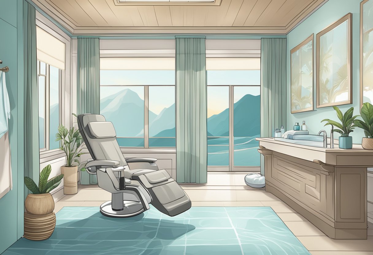 A serene spa room with a reclining chair and calming decor, a HydraFacial machine and soothing skincare products, designed to treat redness and rosacea