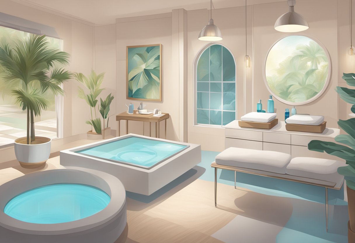 A serene spa room with a professional performing a HydraFacial on a client with redness and rosacea. Gentle, soothing colors and soft lighting create a calming atmosphere