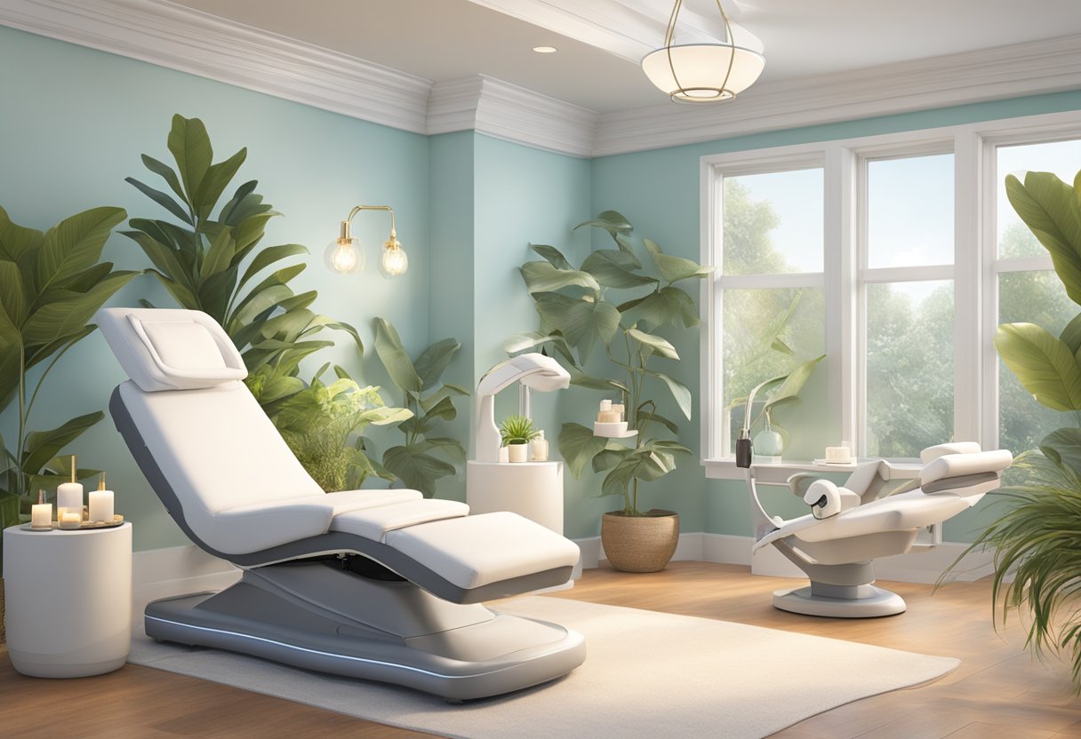 A serene, spa-like setting with a reclining chair, soft lighting, and a HydraFacial machine surrounded by soothing botanical decor