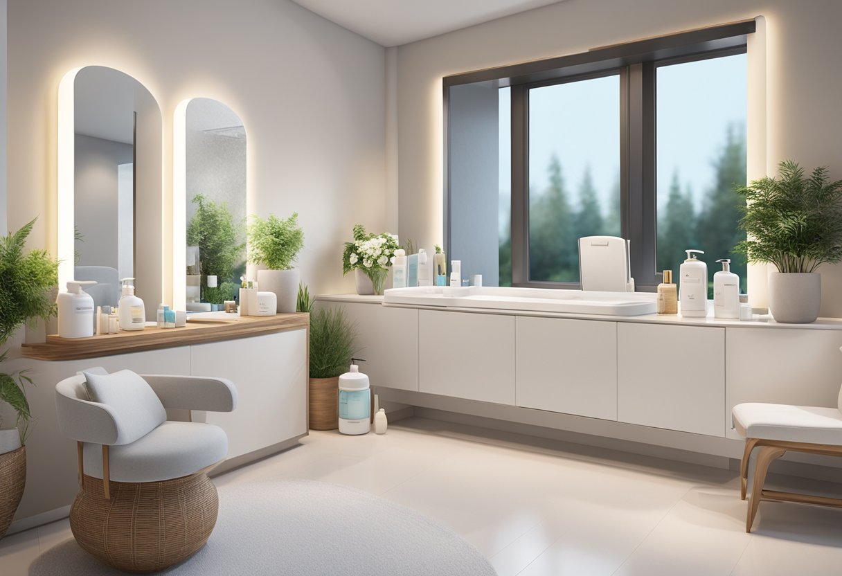 A serene spa room with a HydraFacial machine and various skincare products on a clean, white countertop. Soft lighting and a peaceful ambiance suggest a focus on aftercare and maintaining results