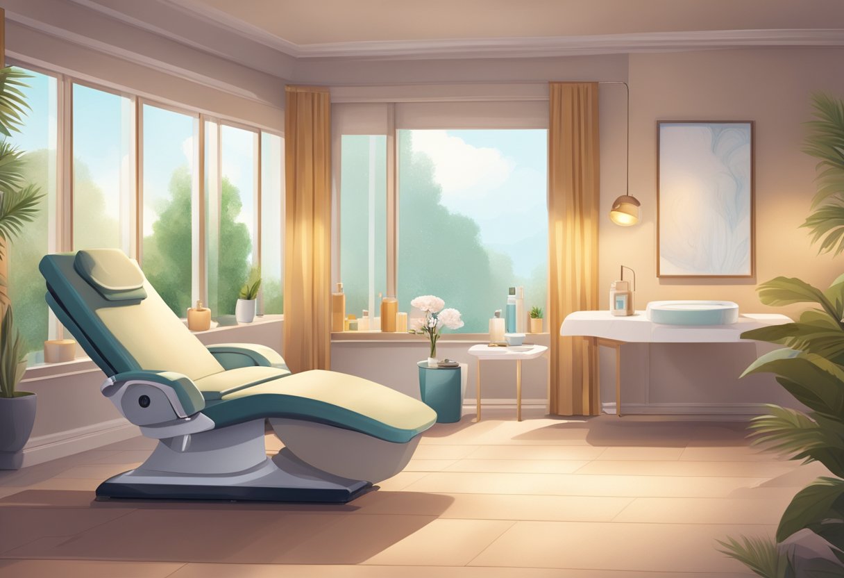 A serene spa room with soft lighting and a reclining treatment chair. A machine emitting a gentle hum is positioned next to a table with skincare products