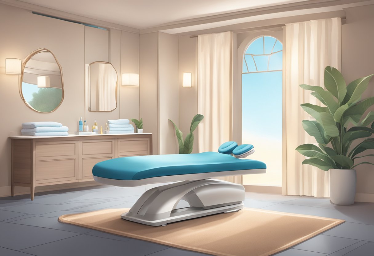 A serene and tranquil spa room with soft lighting, a comfortable treatment bed, and a HydraFacial machine ready for a client with uneven skin tone