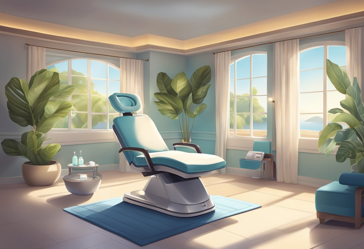 A serene spa room with a reclining chair, soft lighting, and a HydraFacial machine at the center, ready for a treatment