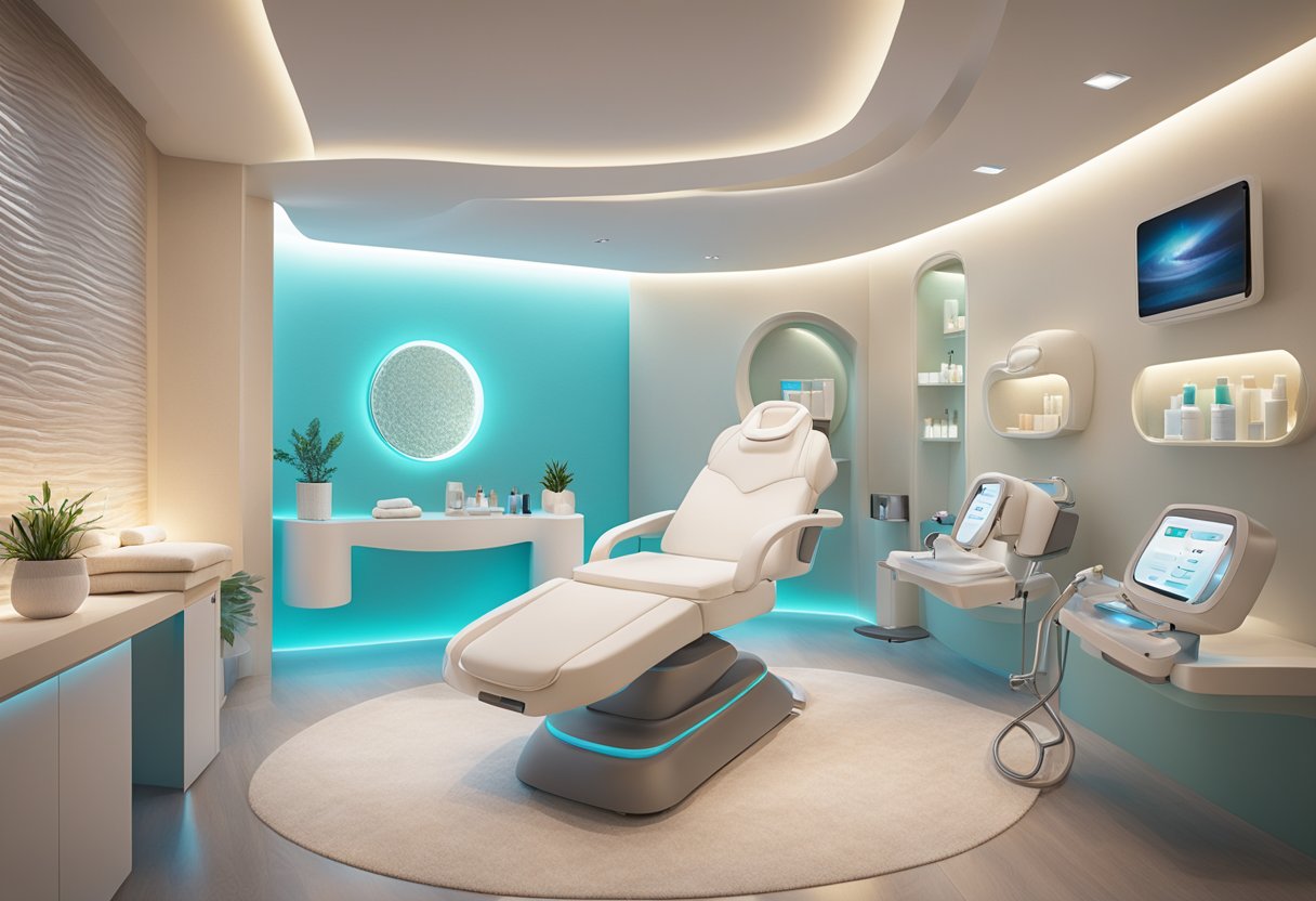 A serene spa room with a reclined treatment chair, soft lighting, and a HydraFacial machine next to a display of other facial treatment options