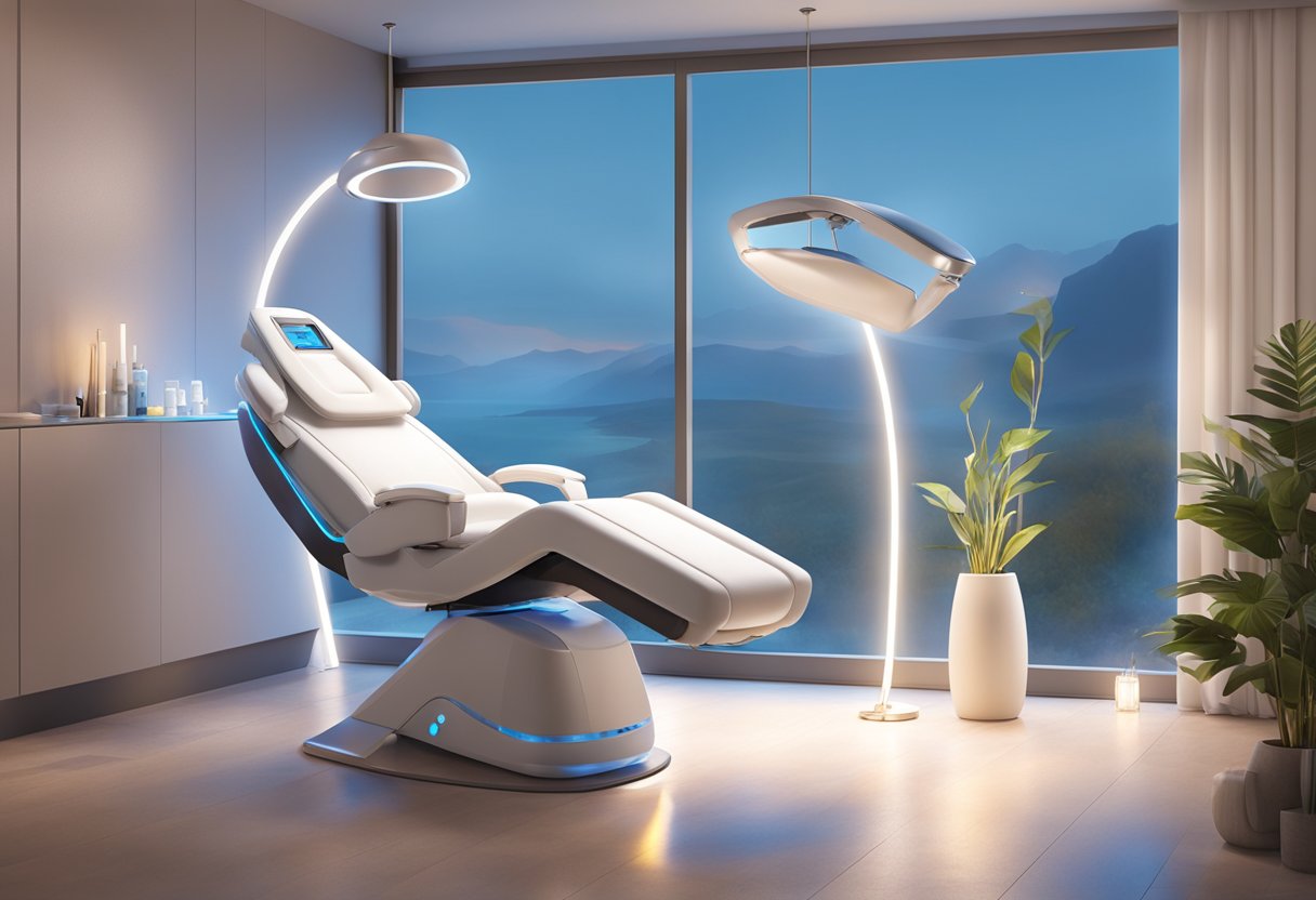 A serene, spa-like setting with a reclined treatment chair, a glowing HydraFacial machine, and soft ambient lighting