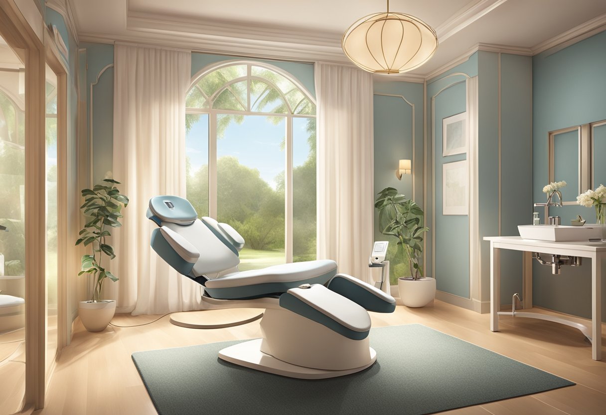 A serene, softly-lit spa room with a comfortable treatment chair and a HydraFacial machine, surrounded by calming decor and soothing ambiance