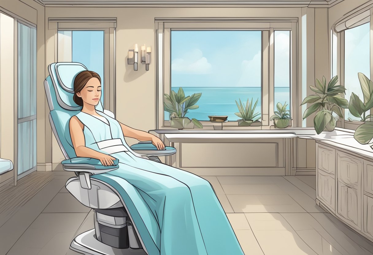 A serene, spa-like setting with a reclining chair and a soothing atmosphere. A professional performing a HydraFacial treatment on a client with sensitive skin