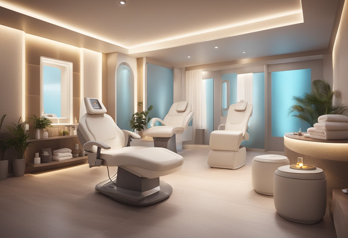 A serene spa room with soft lighting and a comfortable treatment chair. A gentle, soothing atmosphere with calming music and a HydraFacial machine for sensitive skin