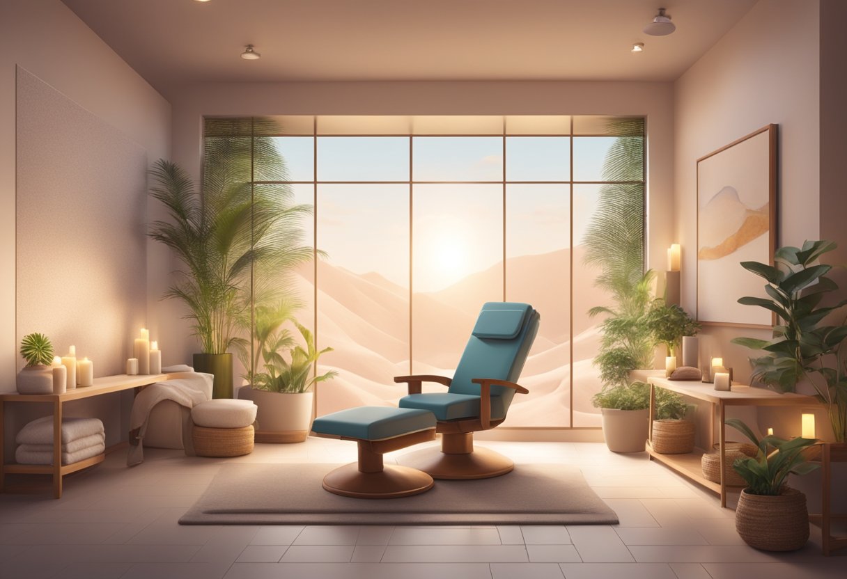 A serene spa room with soft lighting and a comfortable treatment chair. A gentle, soothing atmosphere with a focus on skincare products and equipment