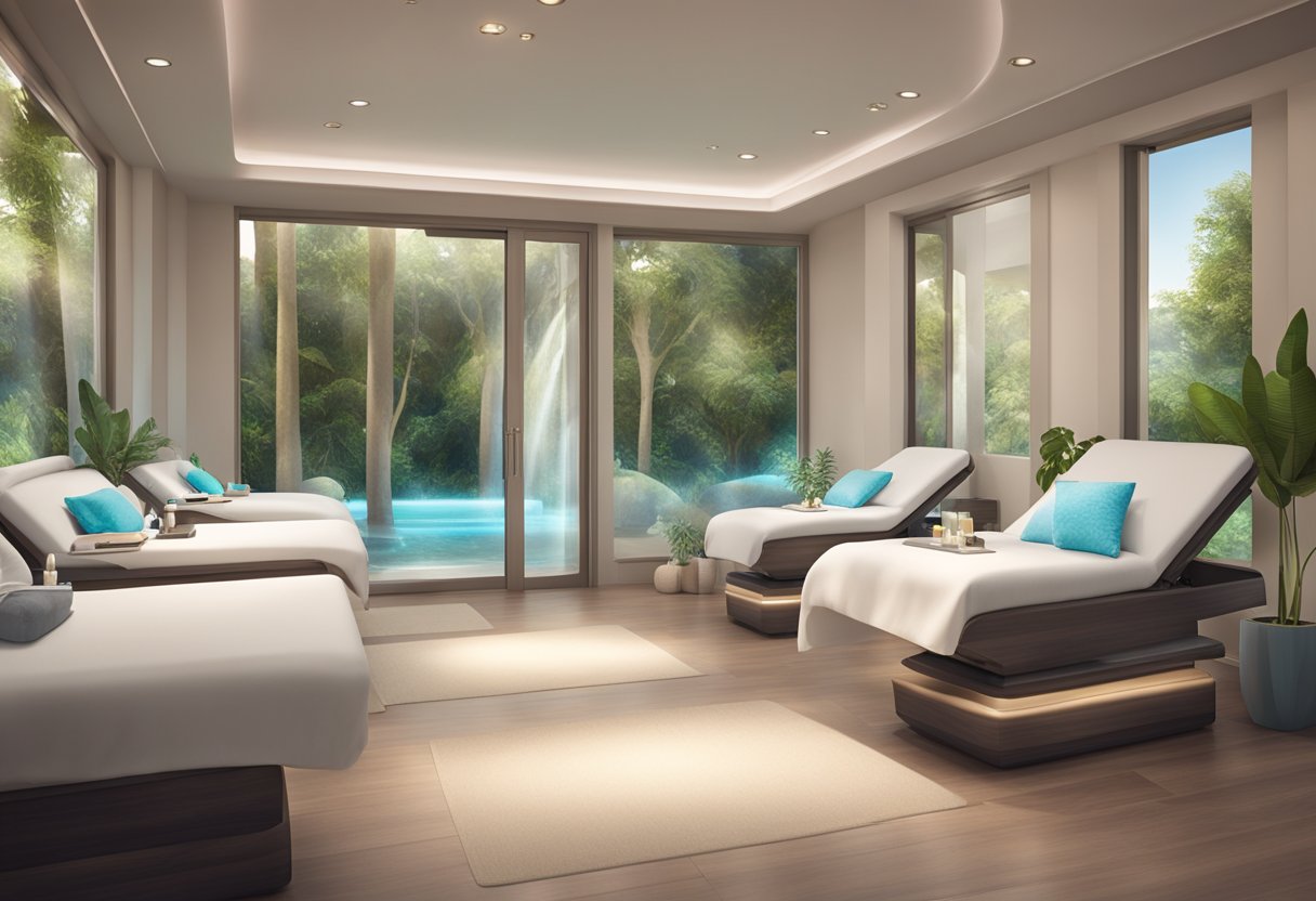 A serene spa room with a HydraFacial machine, soft lighting, and calming decor