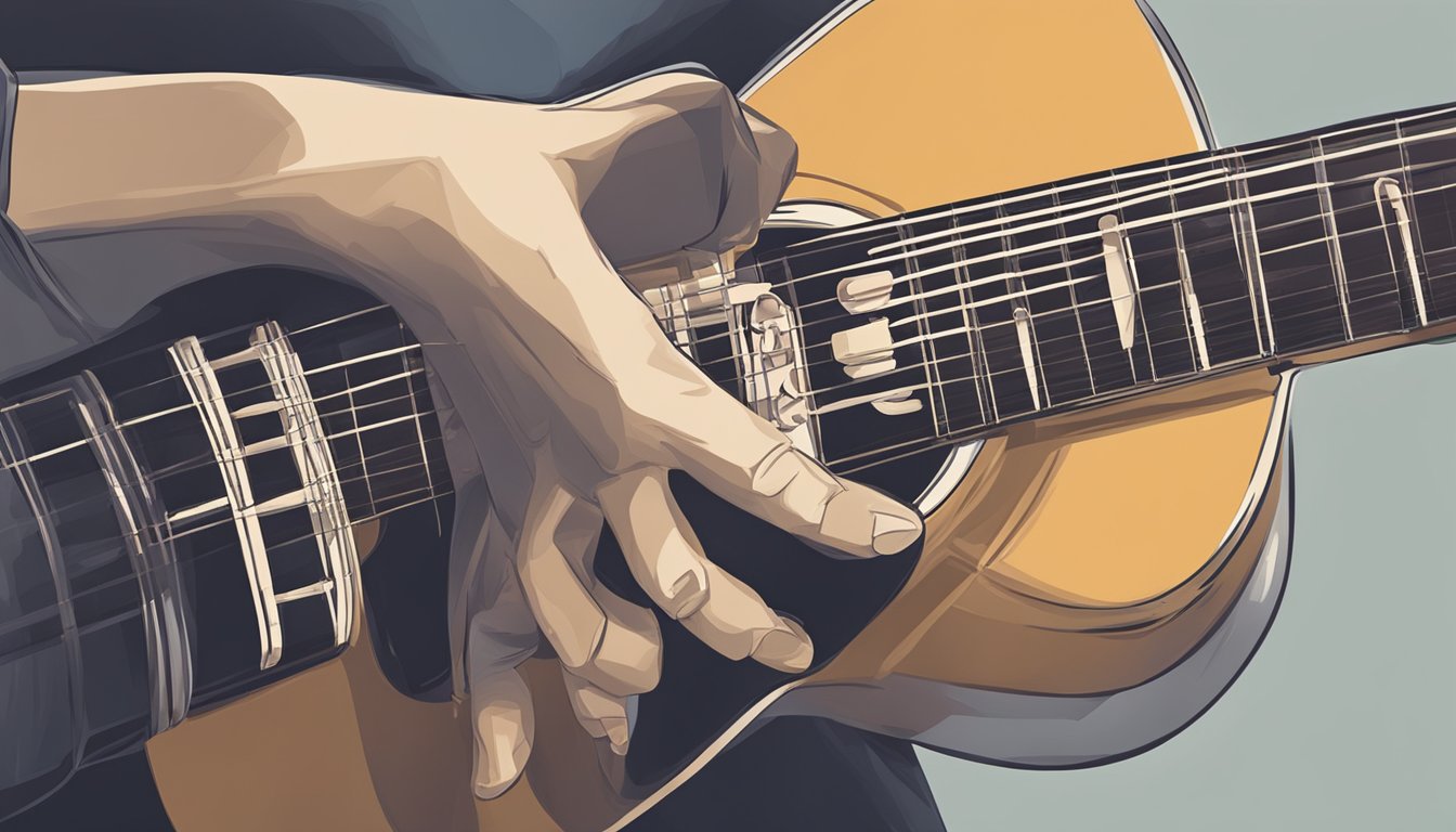 A hand strums a guitar chord, fingers pressing the strings on the fretboard