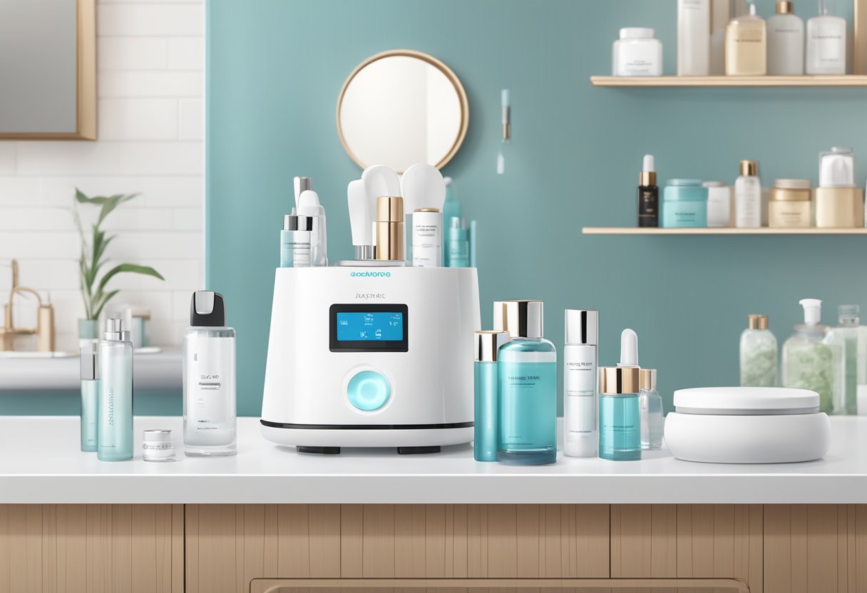 A serene spa setting with a HydraFacial machine surrounded by various booster vials and skincare products on a clean, modern countertop