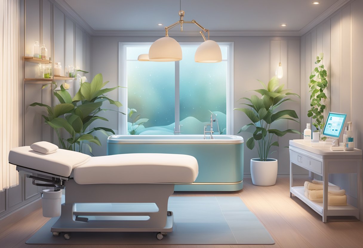 A serene spa room with a HydraFacial machine, soft lighting, and calming decor. Aesthetician prepares boosters and serums for the treatment