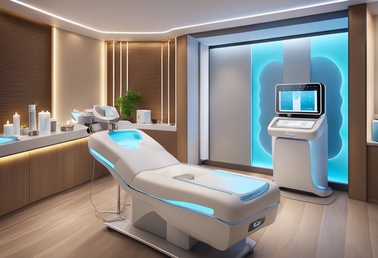 A serene and modern spa room with a HydraFacial machine and a display of various boosters, creating a calming and luxurious atmosphere