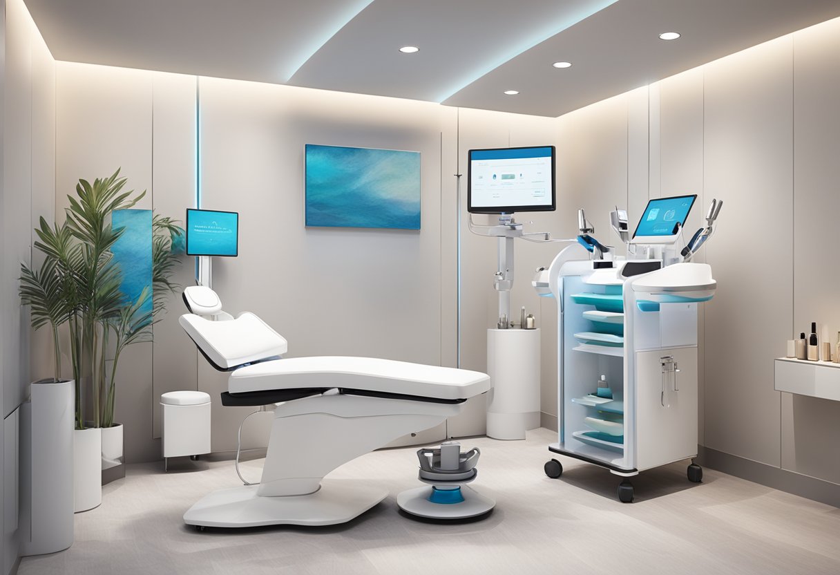 A serene treatment room at Orissa Med Spa, with a HydraFacial machine and various boosters neatly arranged on a sleek, modern cart