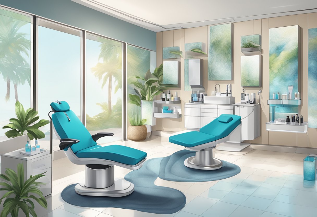 A serene spa setting with a reclining treatment chair, a HydraFacial machine, and various skincare products displayed on a clean, organized counter