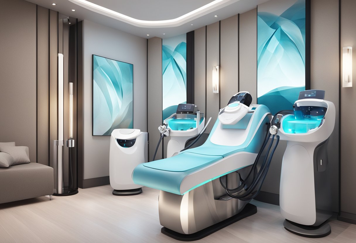 A HydraFacial machine in a modern spa setting, with various tubes and attachments, surrounded by a calming and luxurious atmosphere