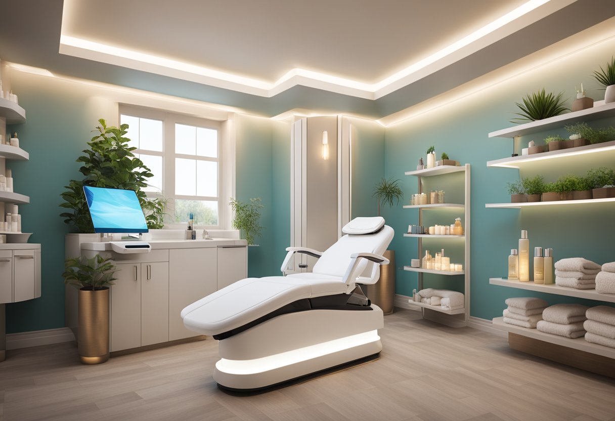 A serene spa room with a comfortable treatment chair, soft lighting, and shelves filled with skincare products. A HydraFacial machine sits ready for use, surrounded by calming decor