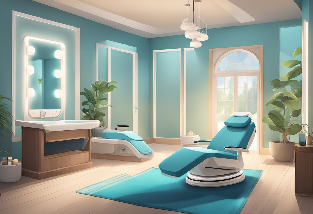 A serene spa room with a reclined treatment chair, soft lighting, and a HydraFacial machine ready for use