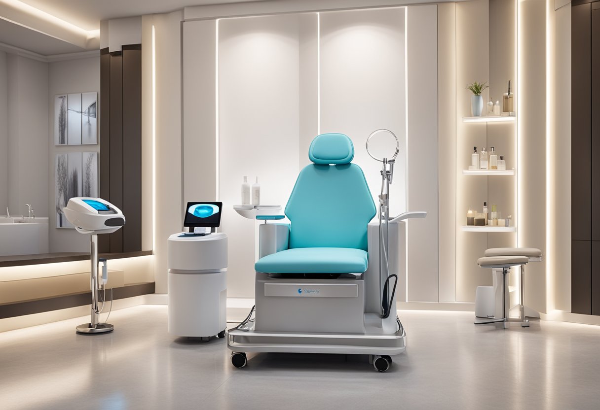 A serene spa room with a comfortable treatment chair, soft lighting, and a display of HydraFacial boosters on a sleek, modern cart