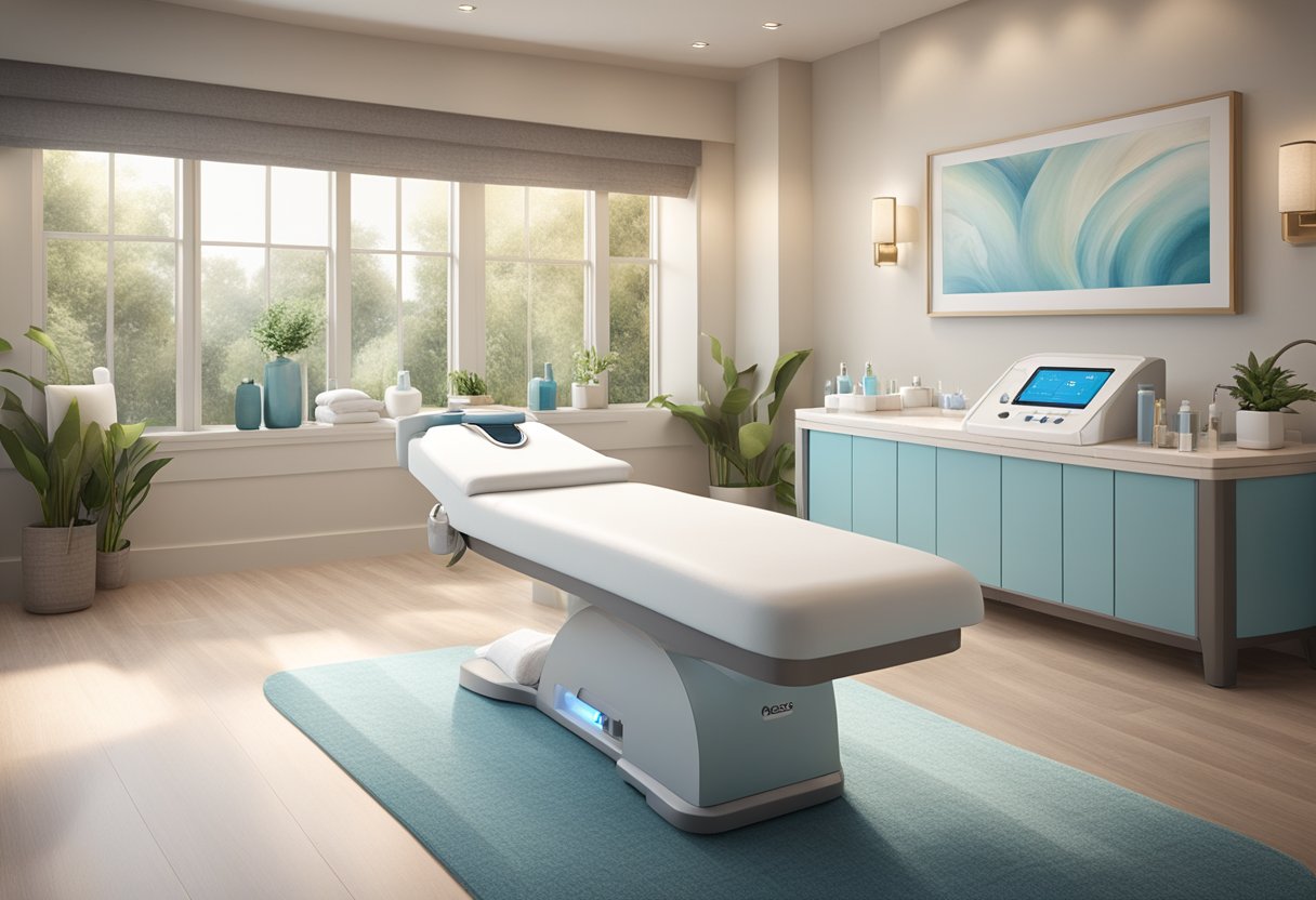 A serene spa room with a comfortable treatment bed, soft lighting, and soothing music playing in the background. A HydraFacial machine and glycolic peel products are neatly arranged on a nearby table