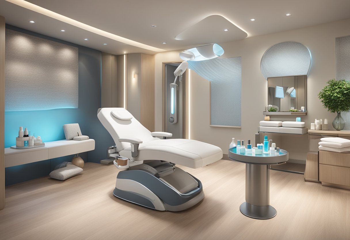 A serene spa room with a reclined treatment chair, soft lighting, and a table set with skincare products and equipment for a HydraFacial with Glycolic Peel