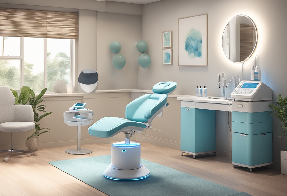 A serene spa room with a comfortable treatment chair, soft lighting, and a professional skincare workstation set up for a HydraFacial with Glycolic Peel