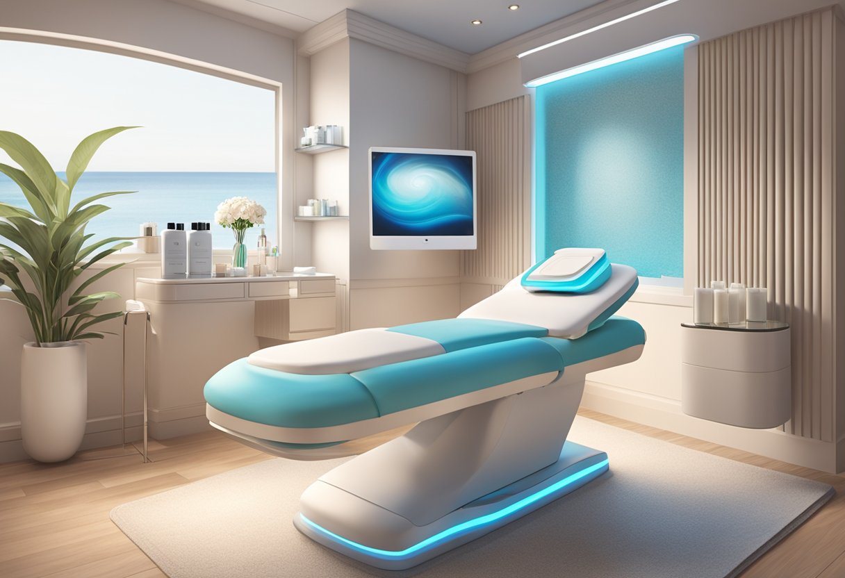 A serene spa room with a comfortable treatment bed, soft lighting, and a professional skincare workstation set up for a HydraFacial with Glycolic Peel