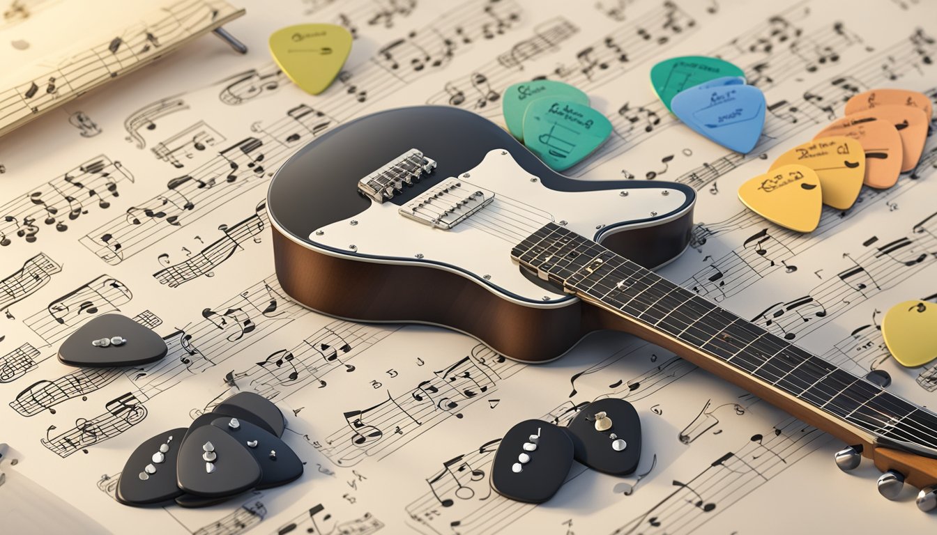 A guitar music sheet laid out on a stand, with notes and chords indicated, surrounded by a few guitar picks and a metronome nearby