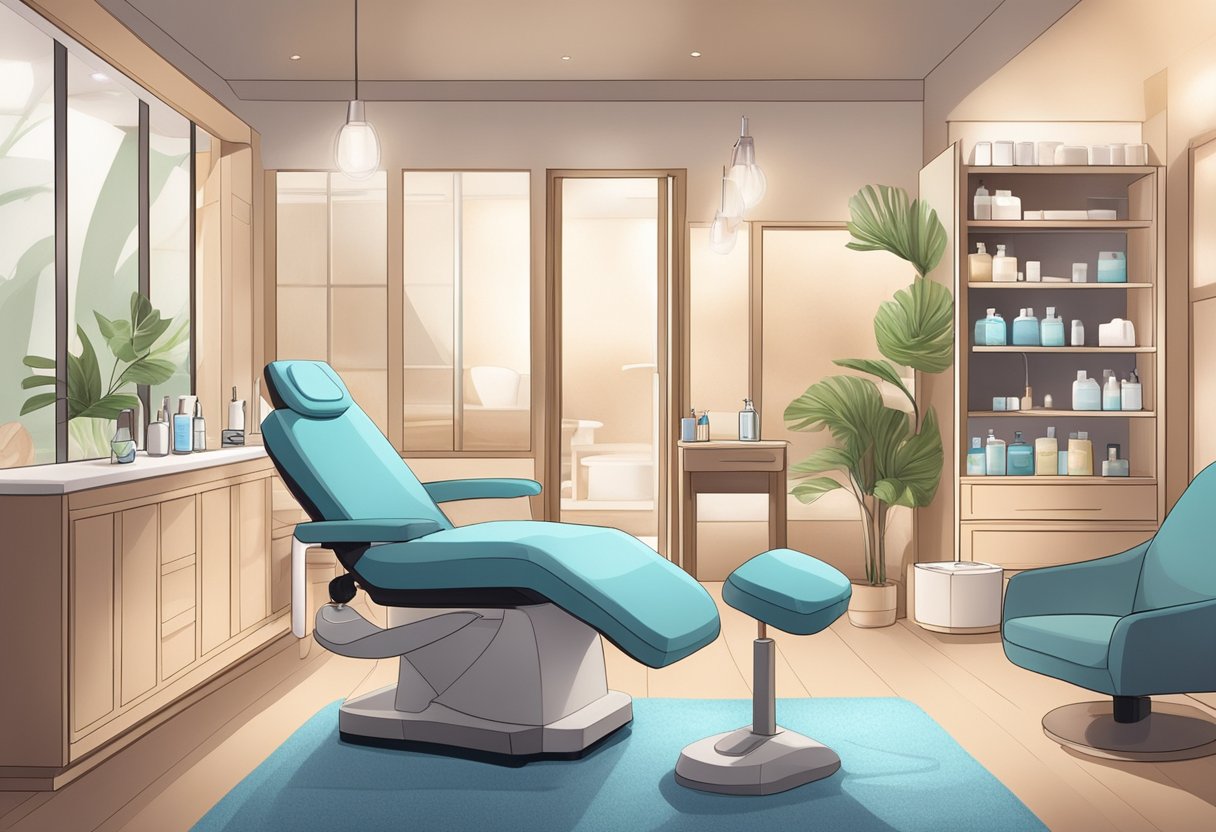 A serene spa room with a comfortable treatment chair, soft lighting, and a shelf displaying skincare products. A professional esthetician performs a HydraFacial with Glycolic Peel on a client's skin