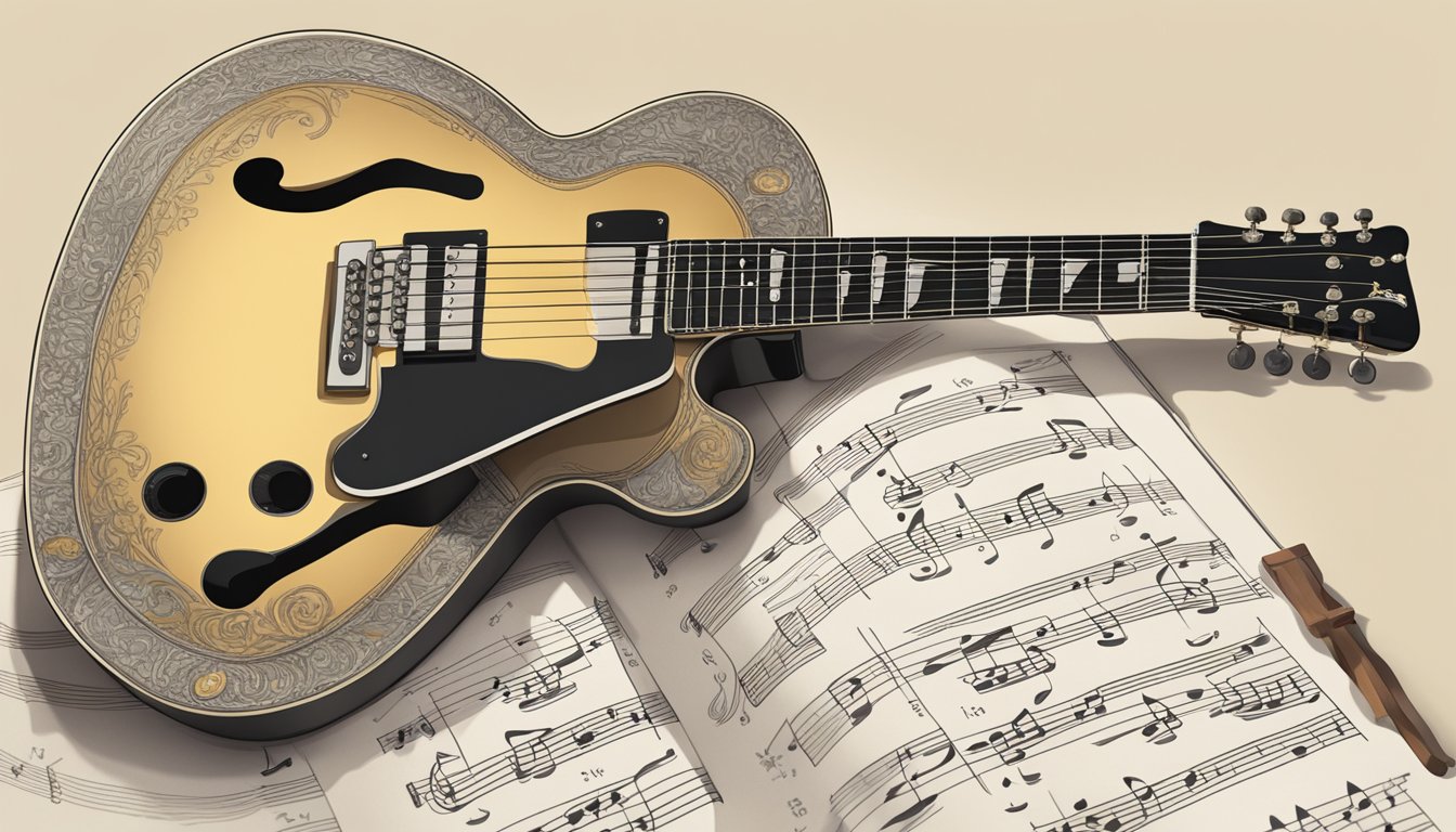 A guitar resting on a stand with sheet music open on a music stand nearby, showing guitar music notation