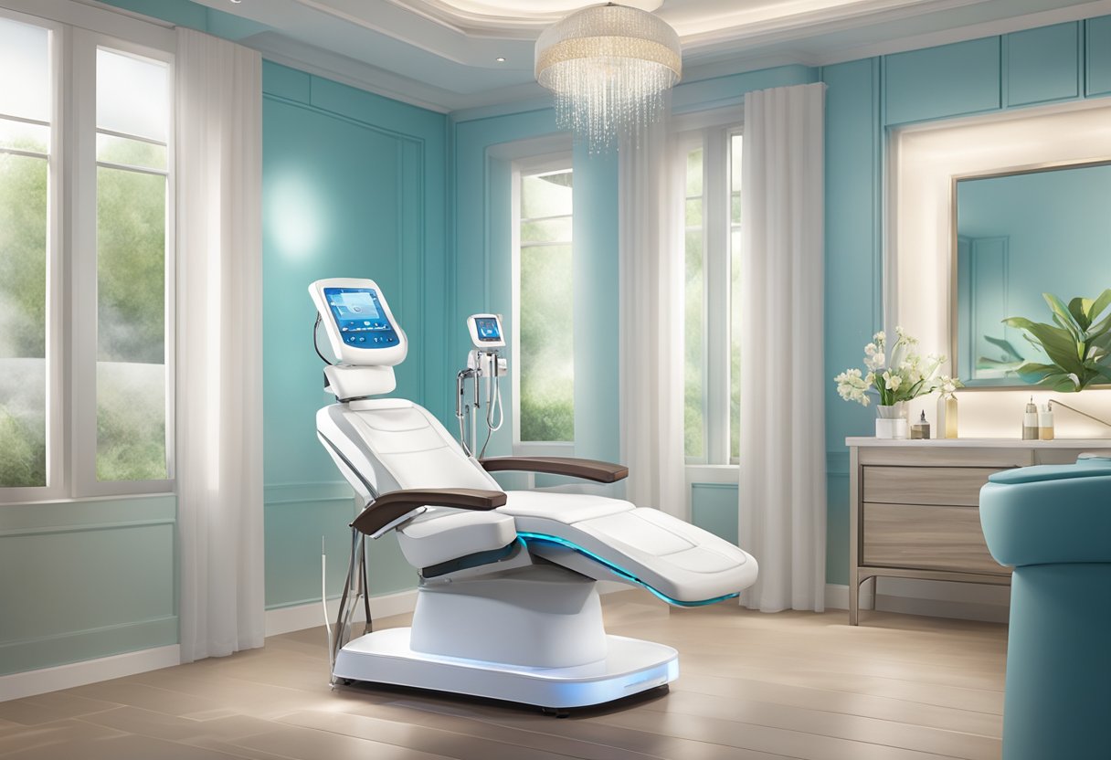 A serene spa room with a comfortable treatment chair and soft lighting, showcasing a HydraFacial machine and dermaplaning tools