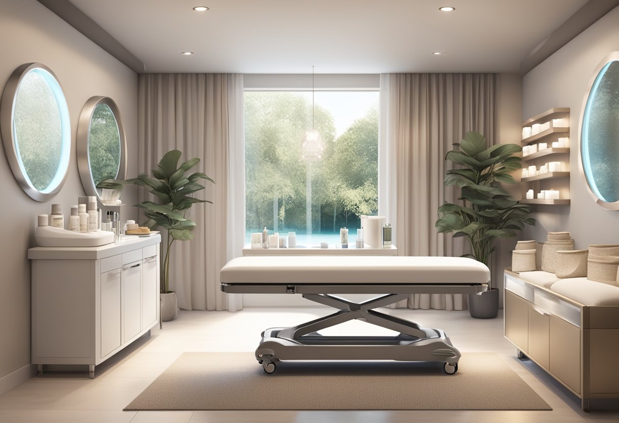 A serene spa room with a comfortable treatment bed, soft lighting, and shelves of skincare products. Aesthetic equipment for HydraFacial and Dermaplaning is neatly arranged on a trolley