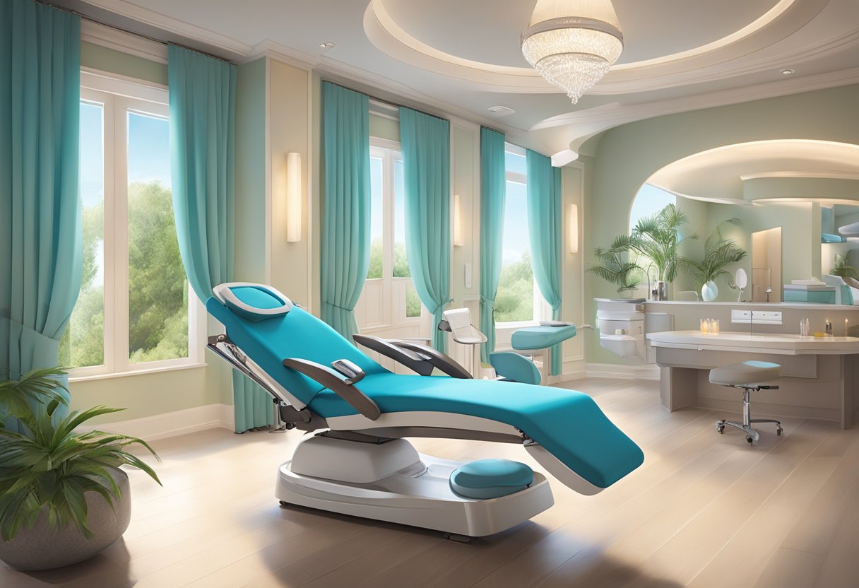 A serene spa room with a reclining chair, soft lighting, and a table holding HydraFacial and dermaplaning equipment