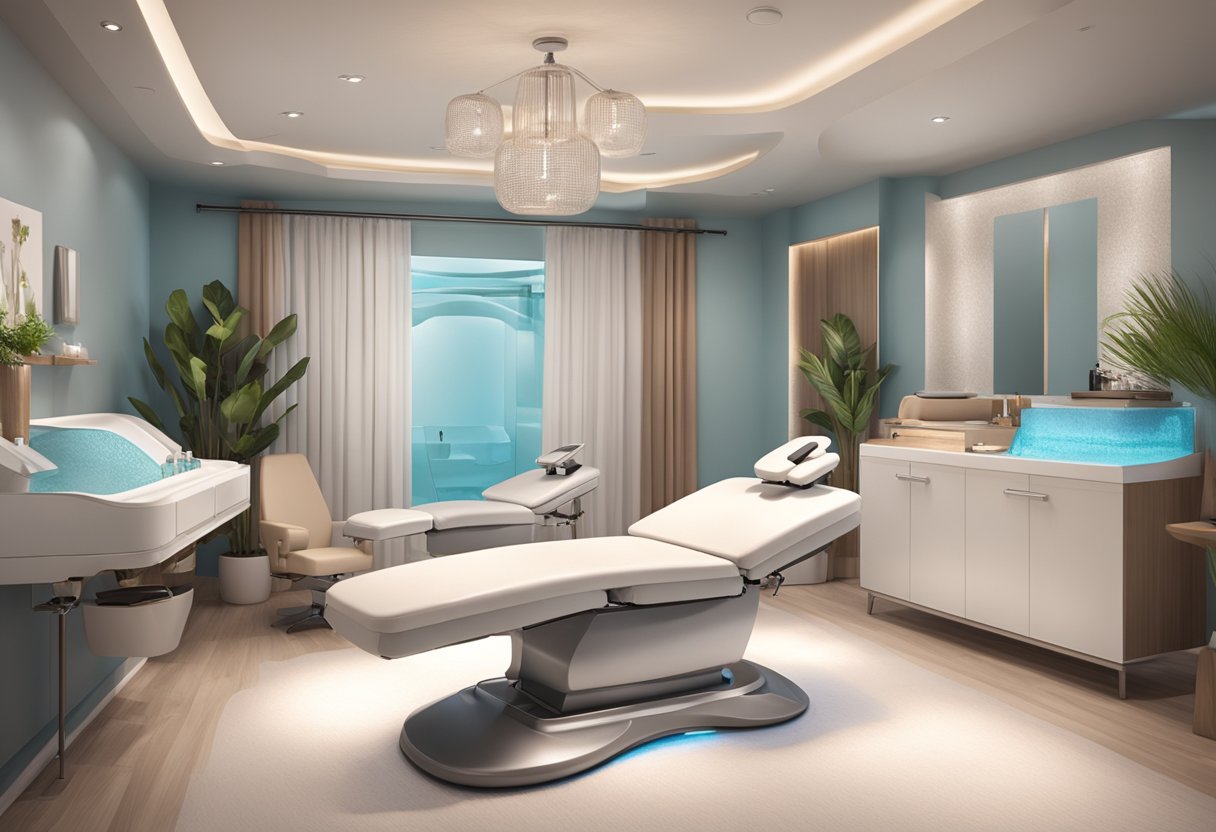 A serene spa room with a reclined treatment chair, soft lighting, and a professional skincare workstation set up for a HydraFacial with dermaplaning